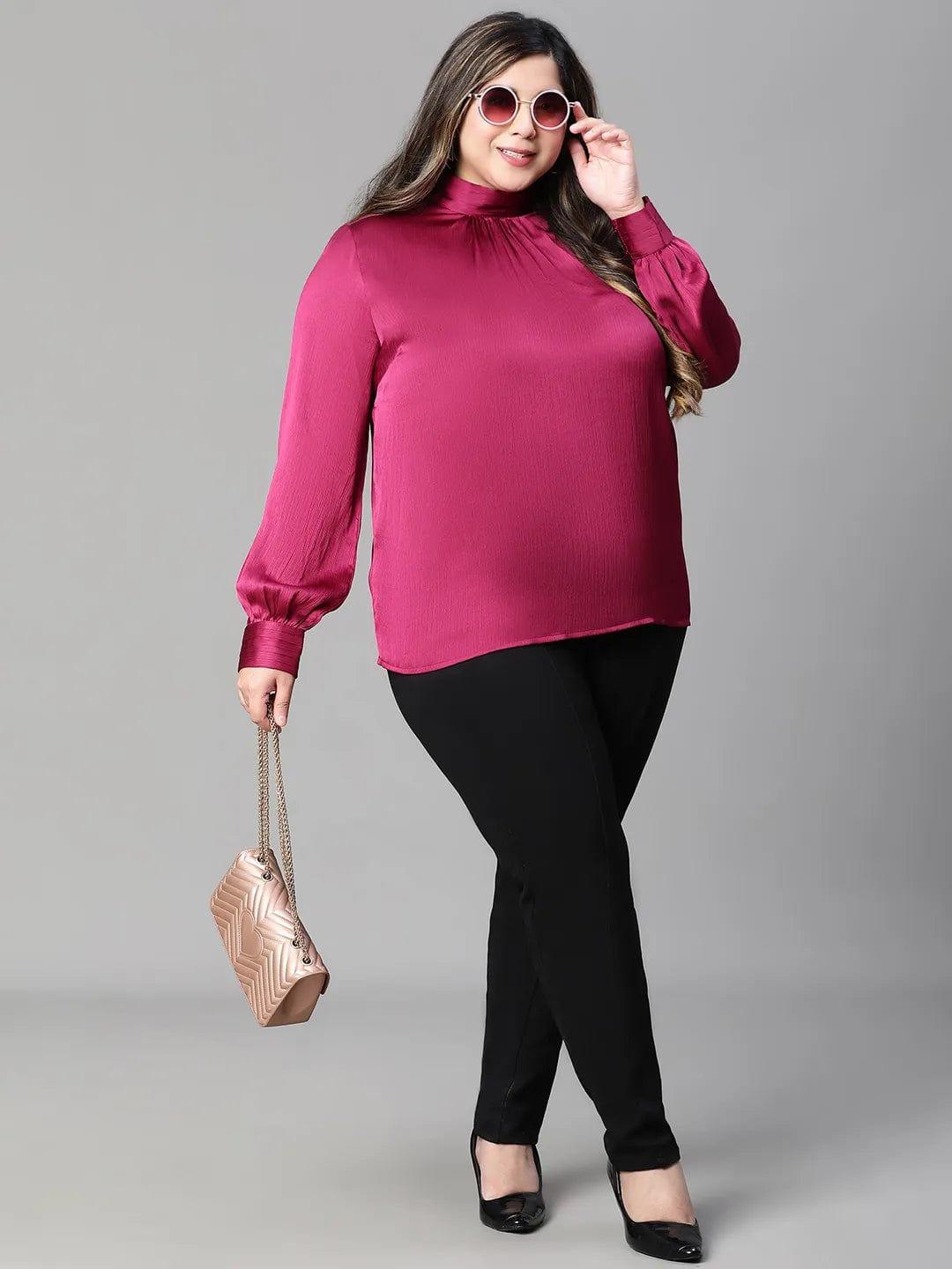 Bravo maroon long sleeve plus size women satin Loopy Top