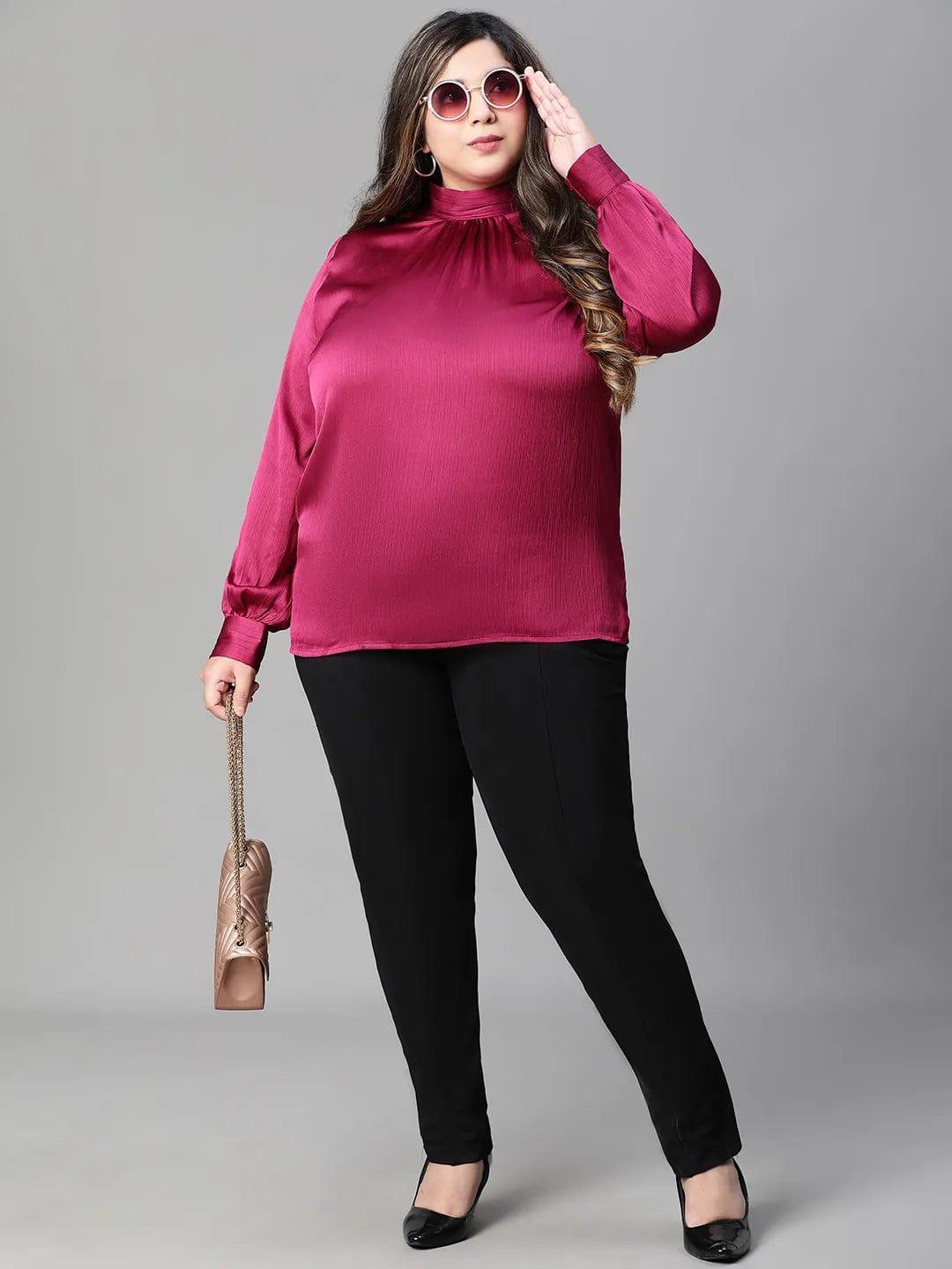 Bravo maroon long sleeve plus size women satin Loopy Top