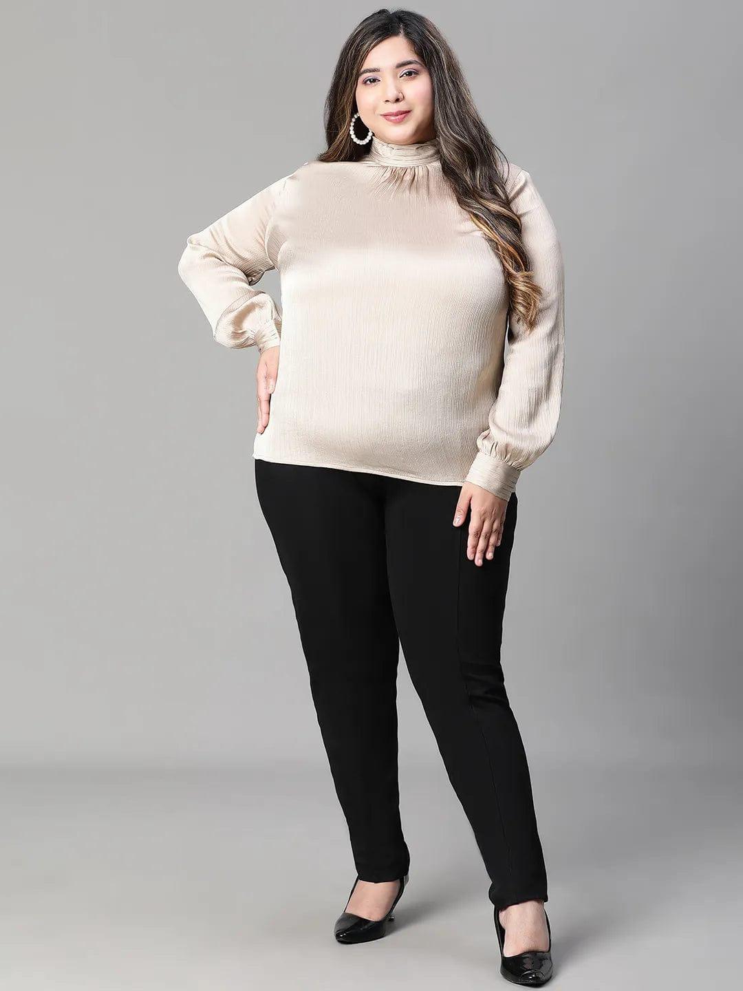 Whole Beige Long Sleeve Plus Size Women Satin Loopy Top