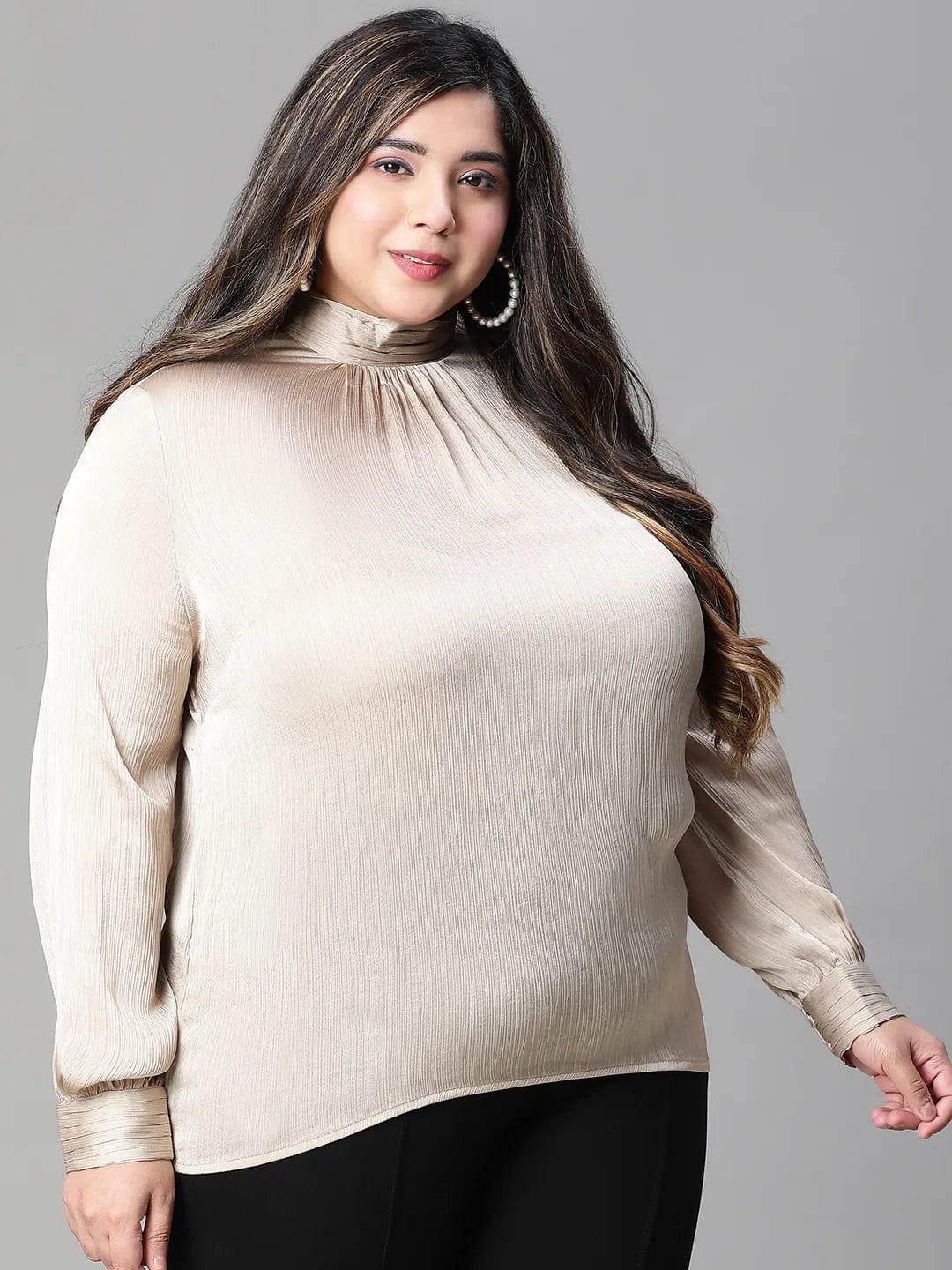 Whole Beige Long Sleeve Plus Size Women Satin Loopy Top