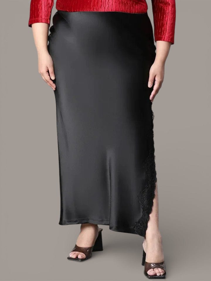 Heavy Black Elasticated With Slit Cut Plus Size Women Satin Skirt