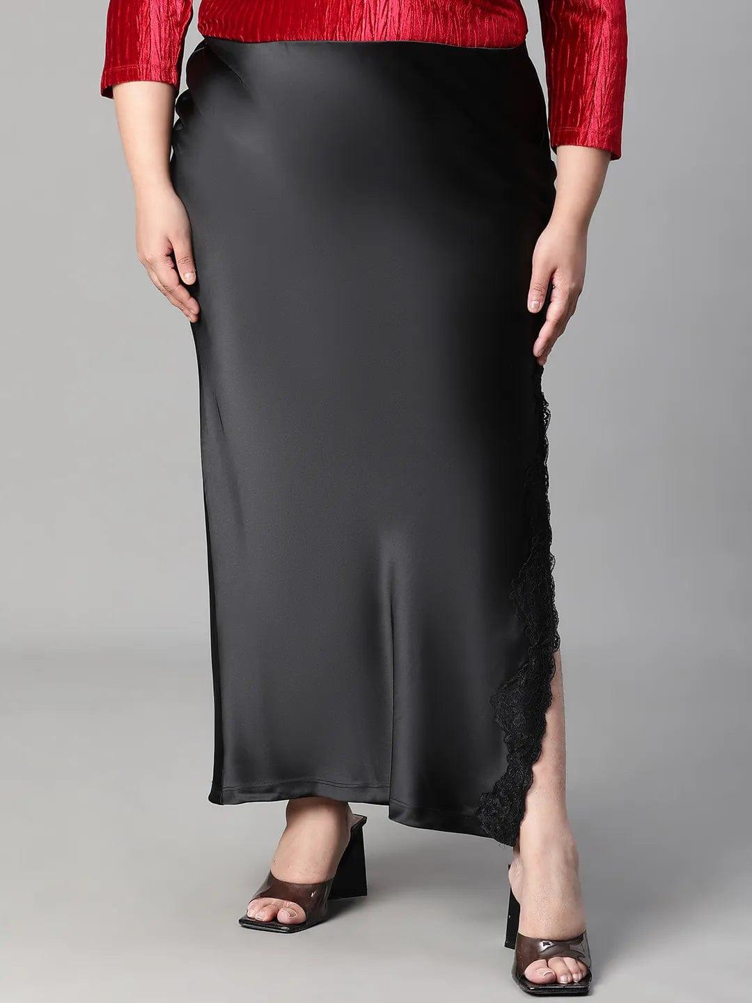 Heavy Black Elasticated With Slit Cut Plus Size Women Satin Skirt