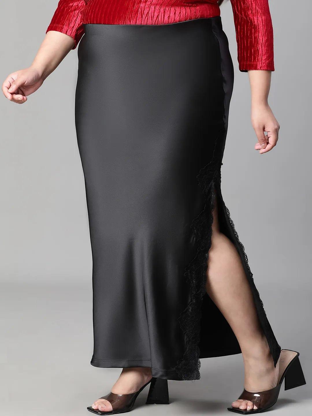 Heavy Black Elasticated With Slit Cut Plus Size Women Satin Skirt