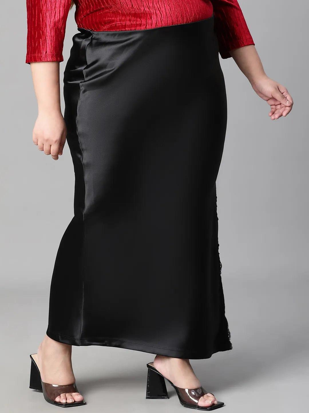 Heavy Black Elasticated With Slit Cut Plus Size Women Satin Skirt