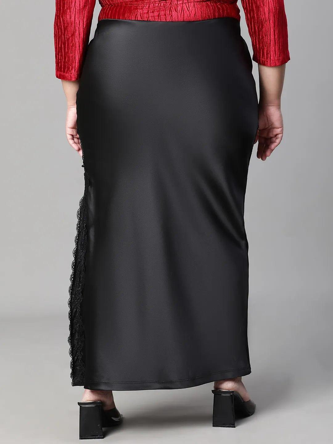 Heavy Black Elasticated With Slit Cut Plus Size Women Satin Skirt