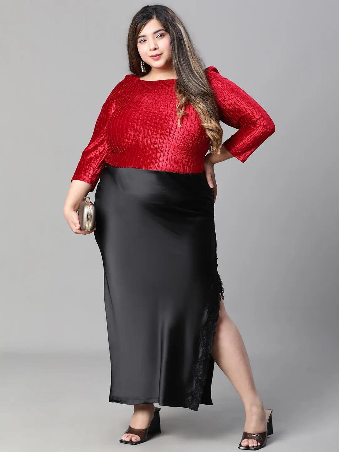 Heavy Black Elasticated With Slit Cut Plus Size Women Satin Skirt