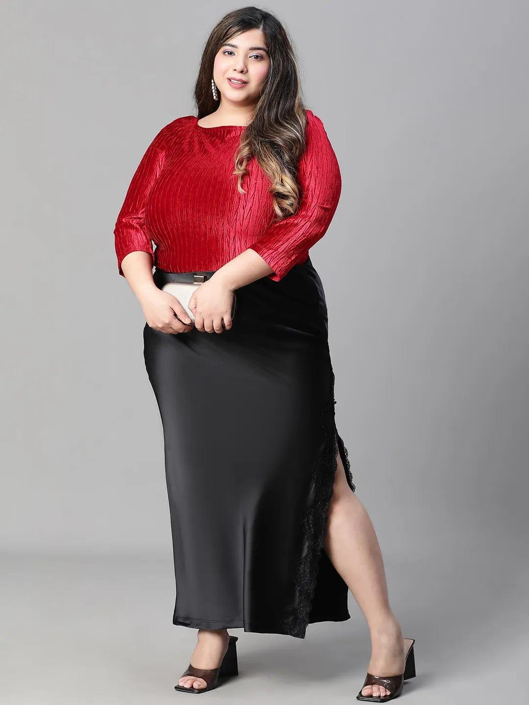 Heavy Black Elasticated With Slit Cut Plus Size Women Satin Skirt