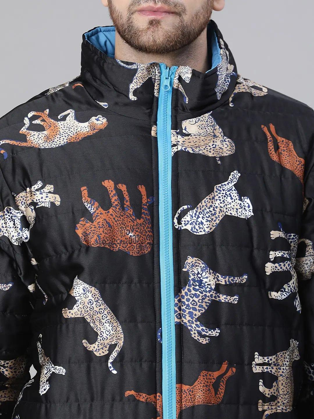 Men Animal Print Black Zip Lined Long Sleeve Reversible Quilted Jacket