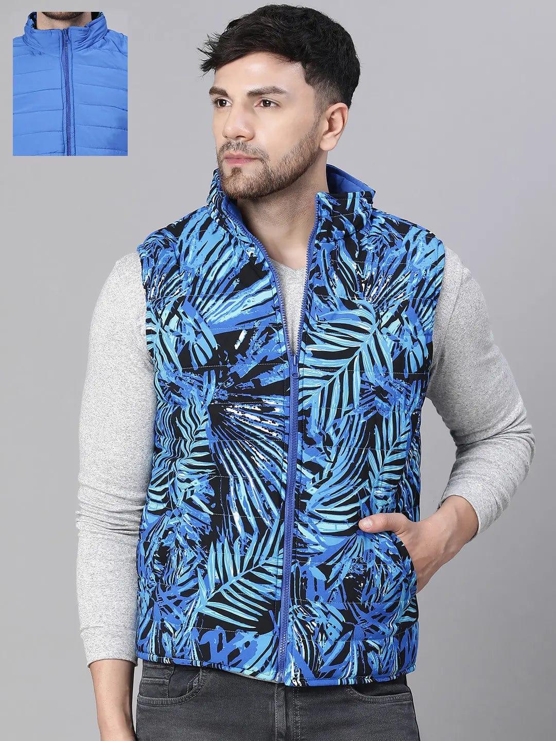 Men'S Tropical Print Blue Zip Lined Sleeveless Reversible Quilted Jacket