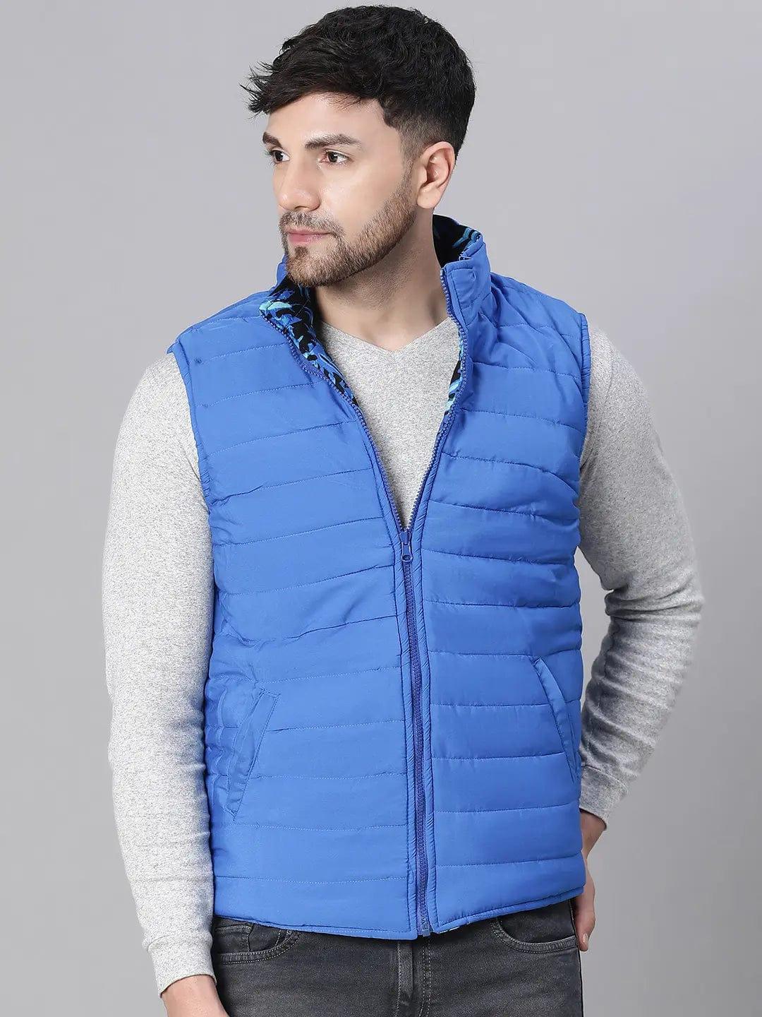 Men'S Tropical Print Blue Zip Lined Sleeveless Reversible Quilted Jacket