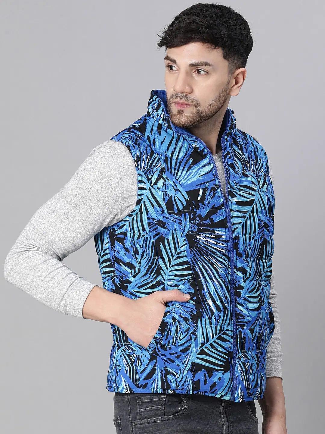 Men'S Tropical Print Blue Zip Lined Sleeveless Reversible Quilted Jacket