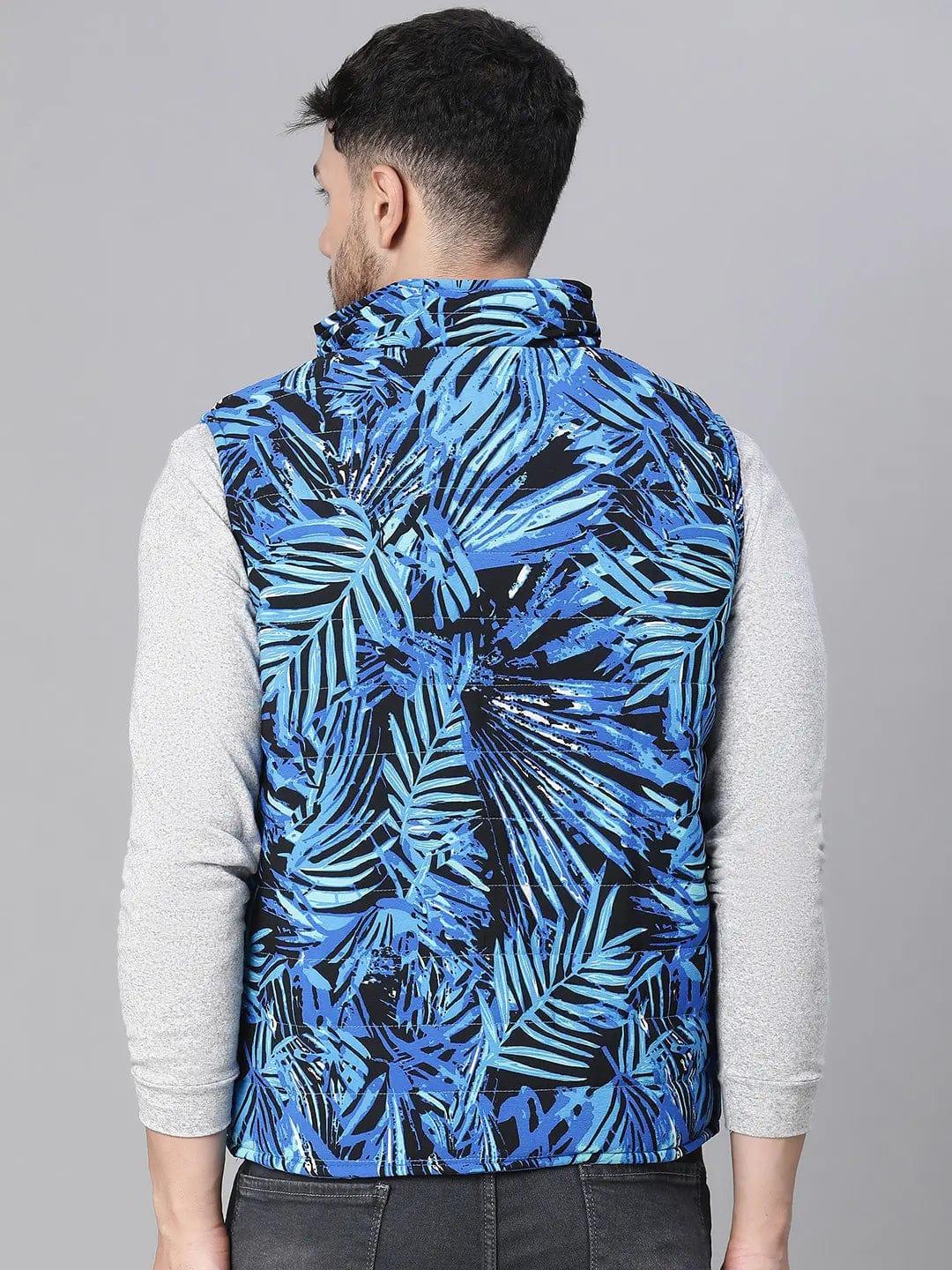 Men'S Tropical Print Blue Zip Lined Sleeveless Reversible Quilted Jacket