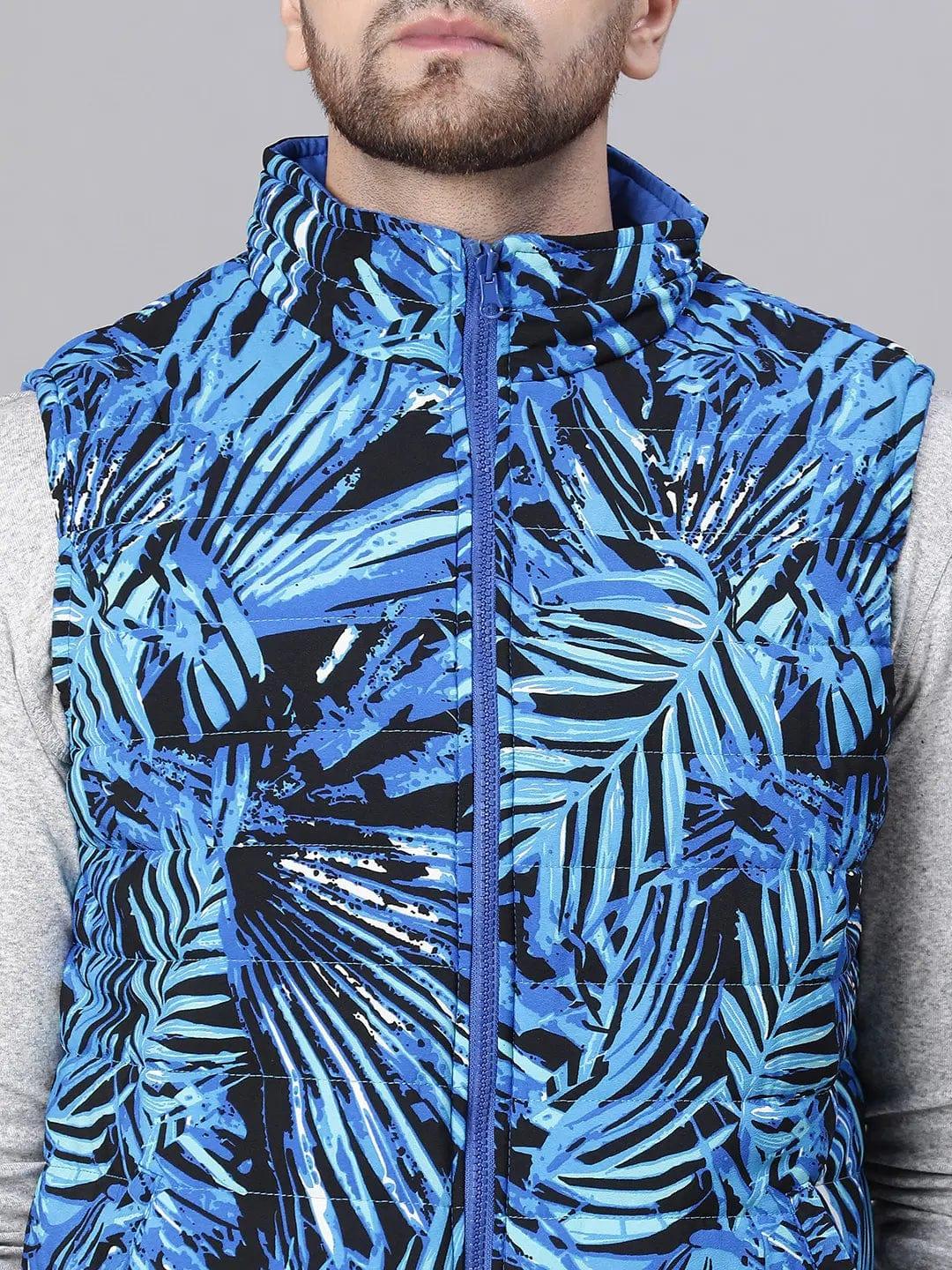 Men'S Tropical Print Blue Zip Lined Sleeveless Reversible Quilted Jacket