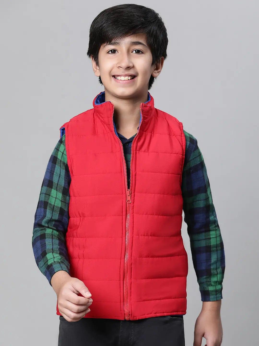 Kids Boy Red & Blue Zip Lined Sleeveless Reversible Quilted Jacket