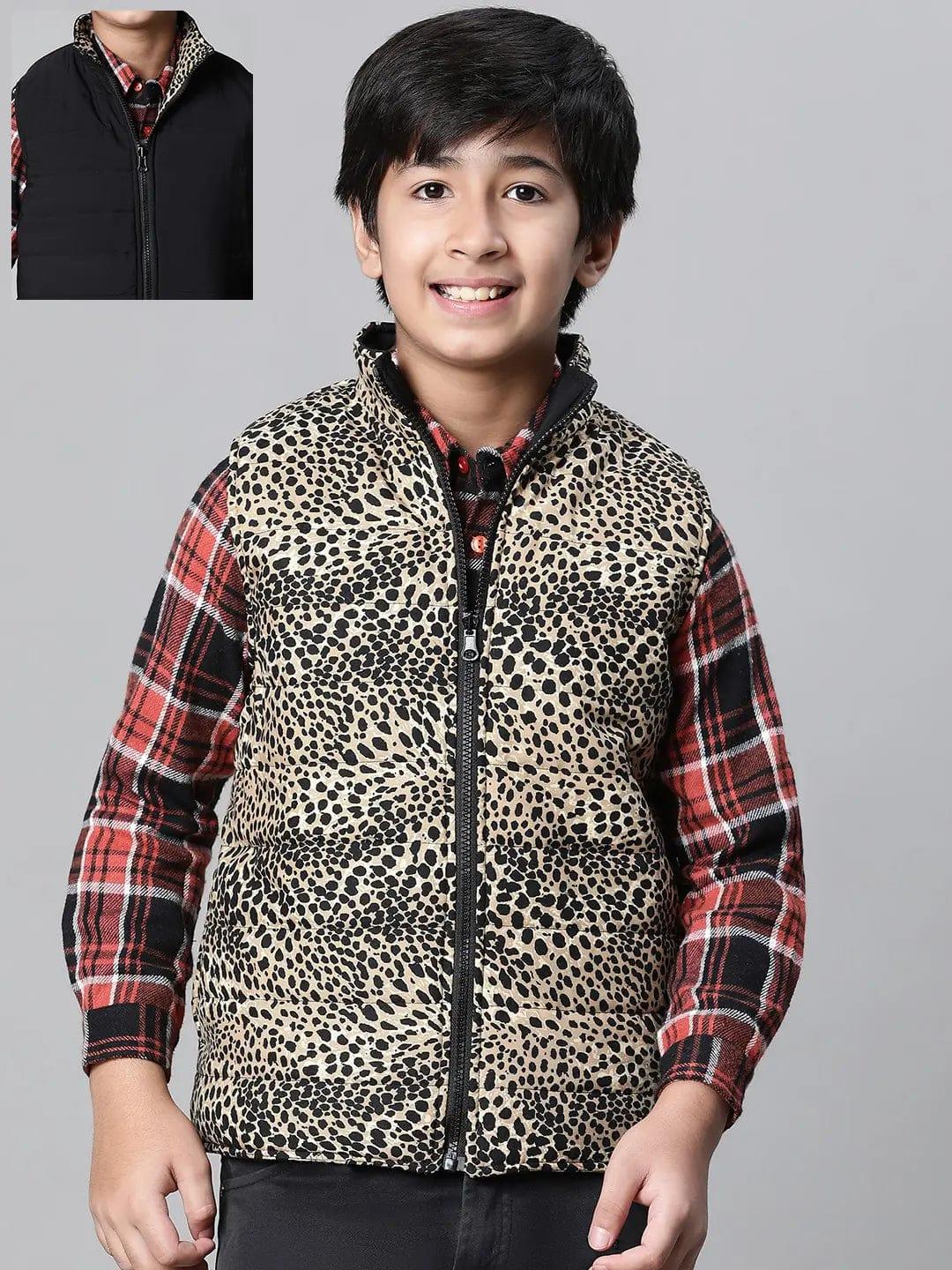 Kids Boy Brown Animal Printed Zip Lined Sleeveless Reversible Jacket