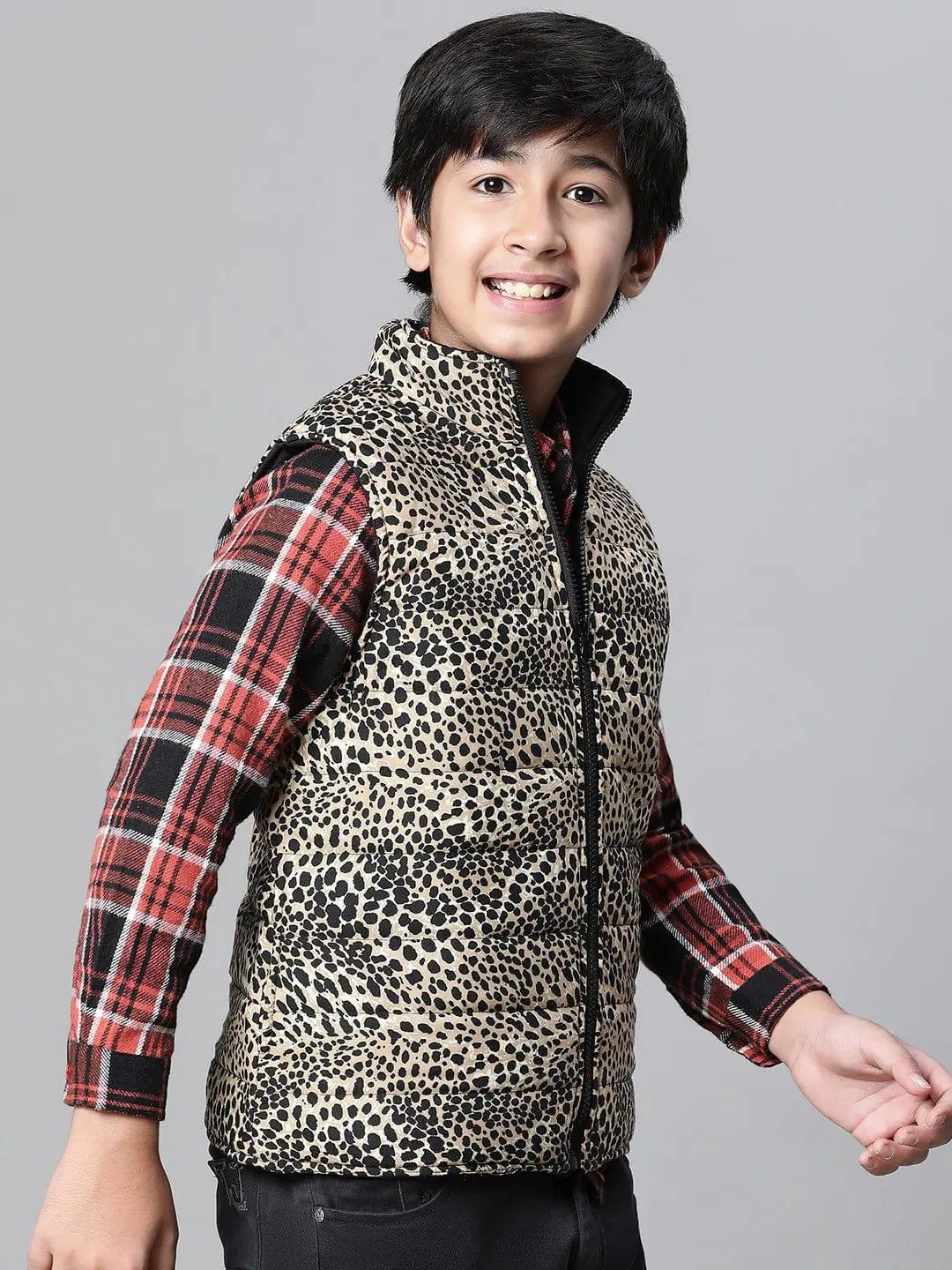 Kids Boy Brown Animal Printed Zip Lined Sleeveless Reversible Jacket