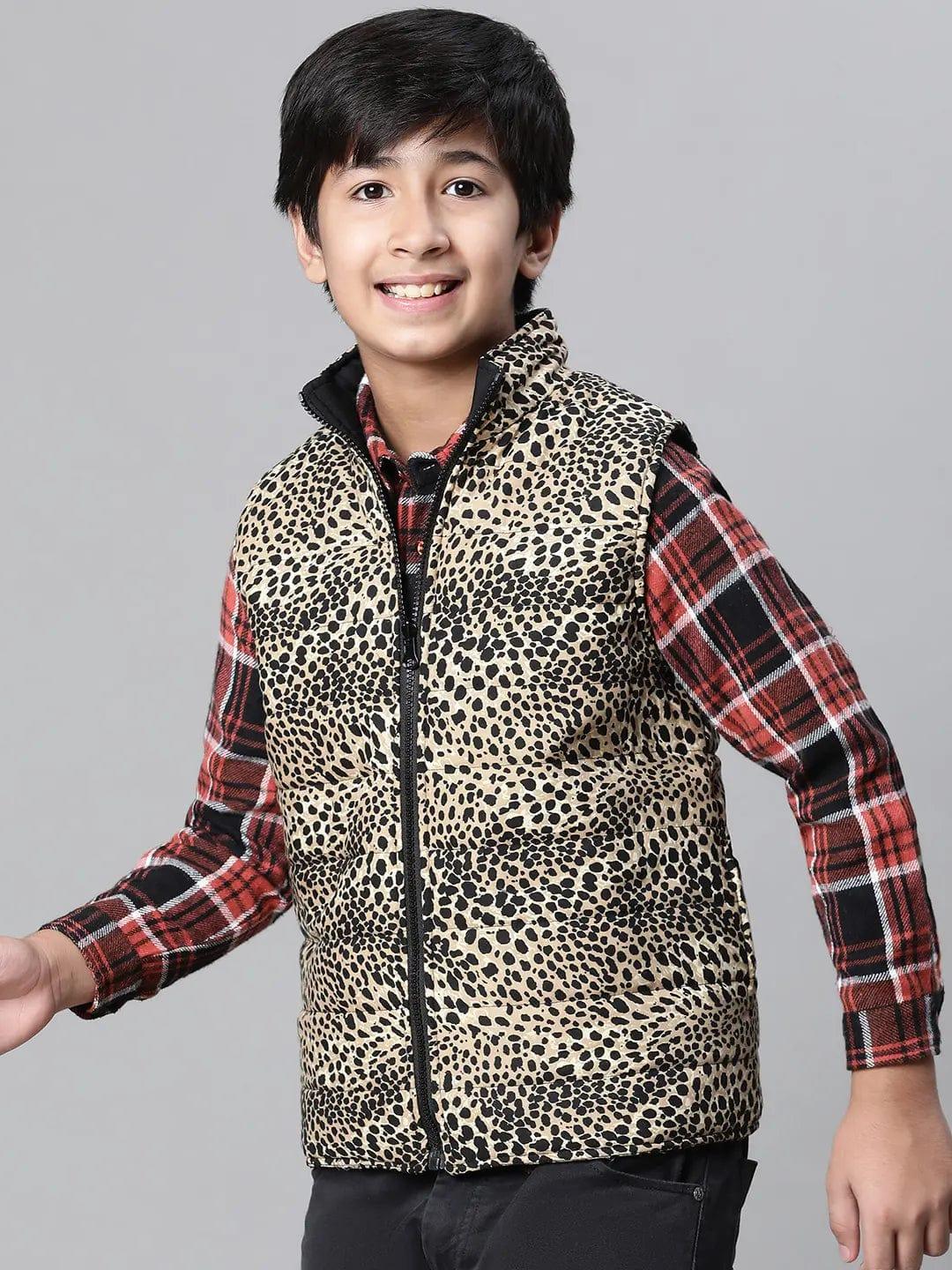 Kids Boy Brown Animal Printed Zip Lined Sleeveless Reversible Jacket