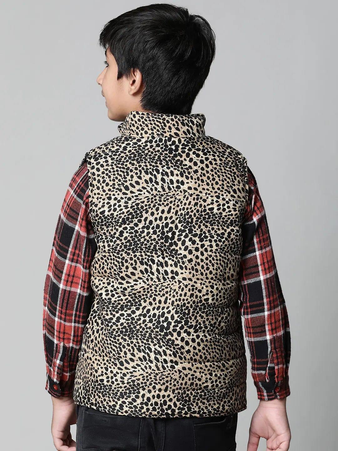 Kids Boy Brown Animal Printed Zip Lined Sleeveless Reversible Jacket