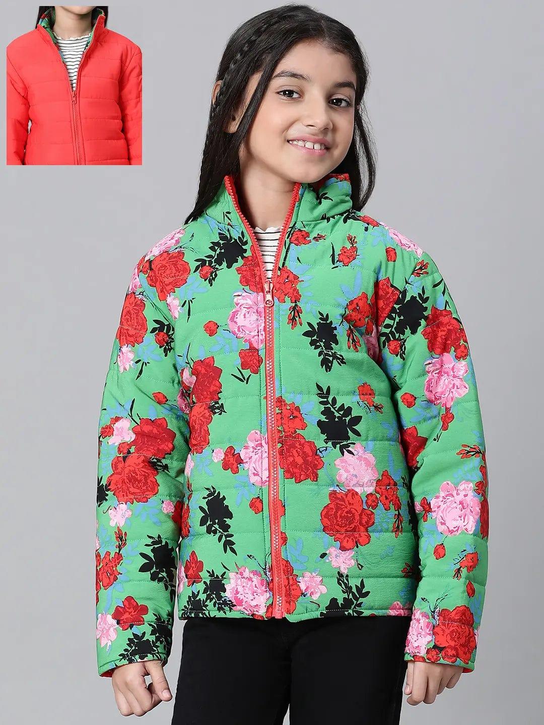 Kids Girl Floral Print Green Zip Lined Long Sleeve Reversible Quilted Jacket