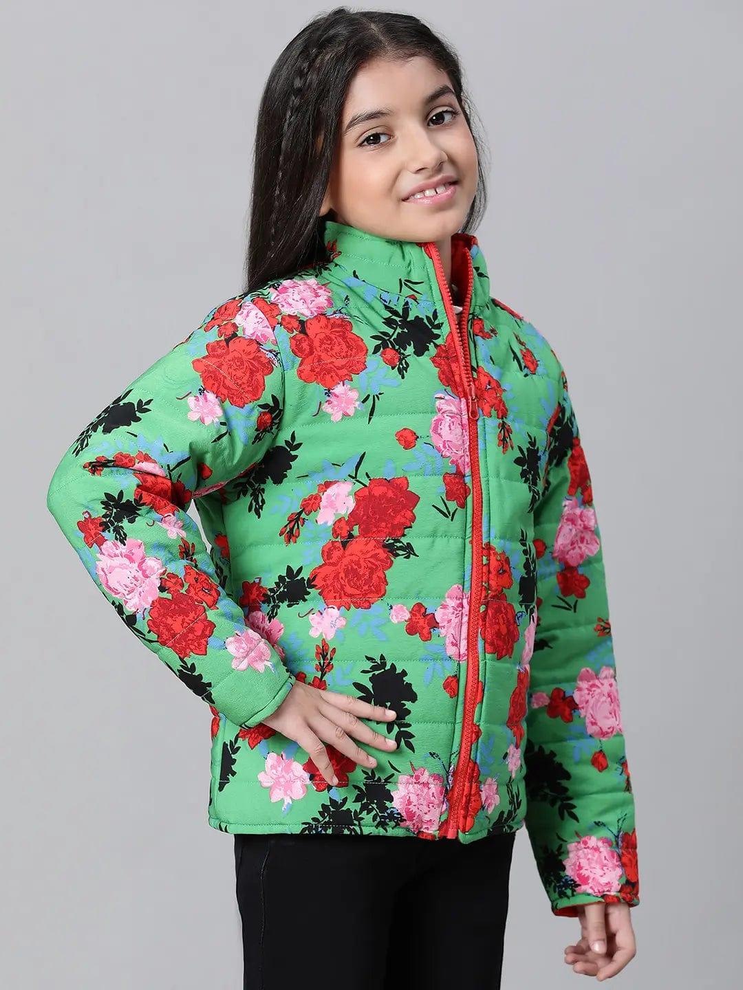 Kids Girl Floral Print Green Zip Lined Long Sleeve Reversible Quilted Jacket