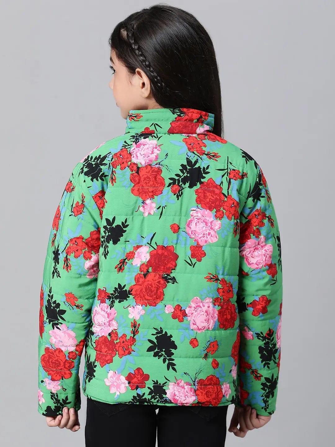 Kids Girl Floral Print Green Zip Lined Long Sleeve Reversible Quilted Jacket