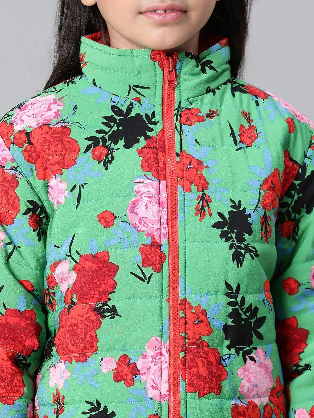 Kids Girl Floral Print Green Zip Lined Long Sleeve Reversible Quilted Jacket