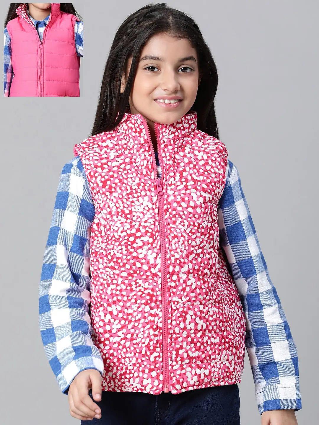 Kids Girl Floral Print Pink Zip Lined Sleeveless Reversible Quilted Jacket