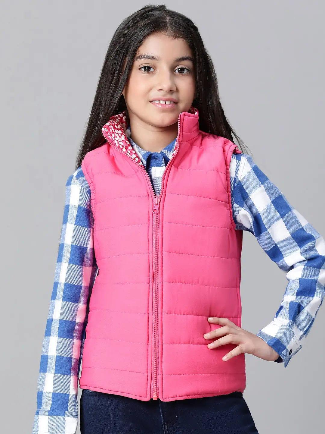 Kids Girl Floral Print Pink Zip Lined Sleeveless Reversible Quilted Jacket