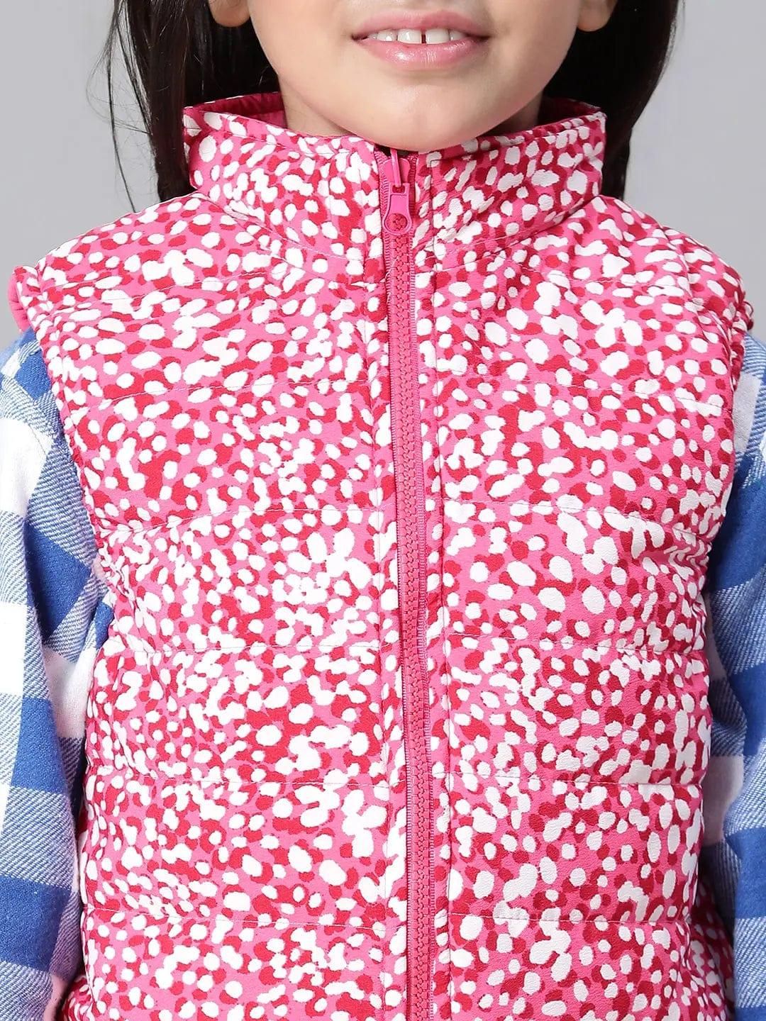 Kids Girl Floral Print Pink Zip Lined Sleeveless Reversible Quilted Jacket