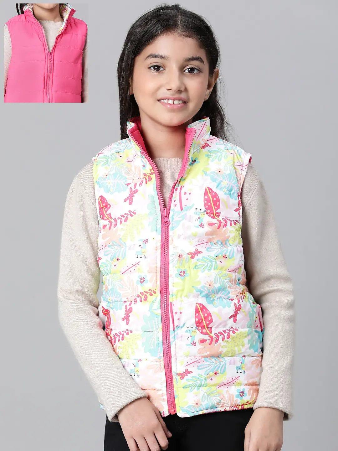 Glinting Multicolor Floral Print Zip Lined Sleeveless Reversible Quilted Girl Jacket