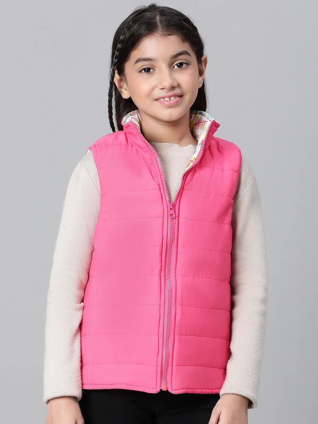 Glinting Multicolor Floral Print Zip Lined Sleeveless Reversible Quilted Girl Jacket