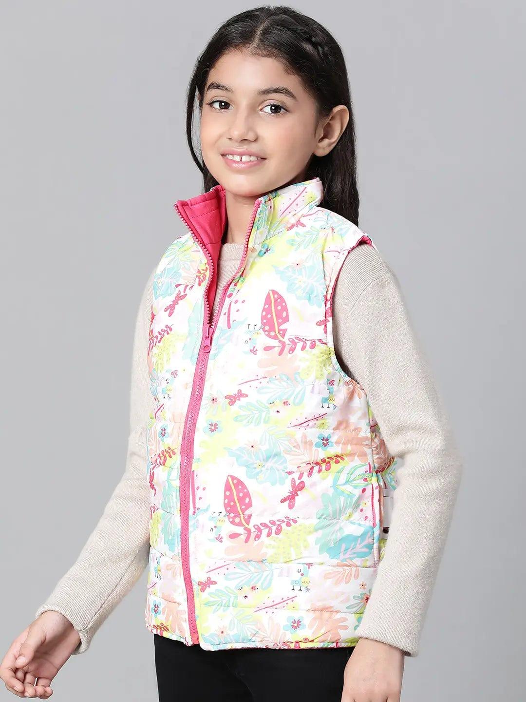 Glinting Multicolor Floral Print Zip Lined Sleeveless Reversible Quilted Girl Jacket