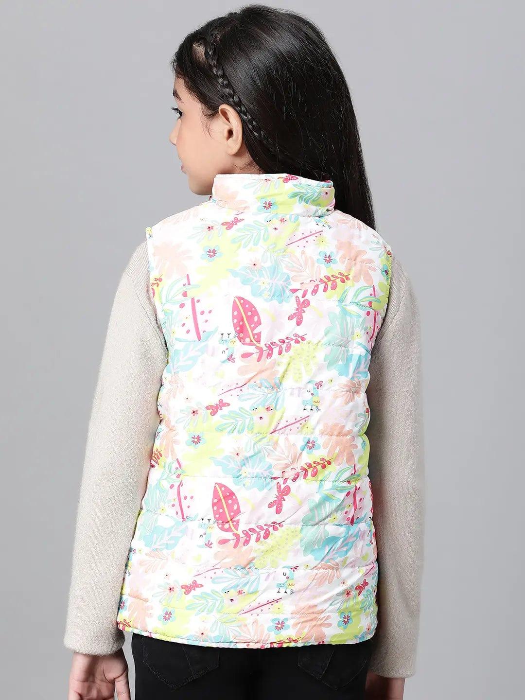 Glinting Multicolor Floral Print Zip Lined Sleeveless Reversible Quilted Girl Jacket