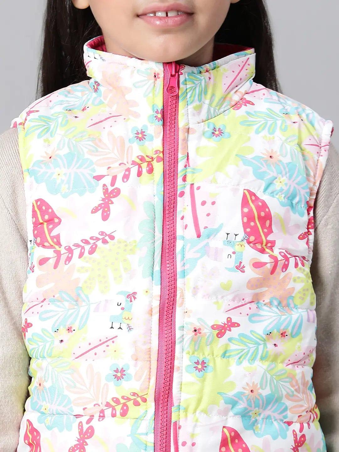 Glinting Multicolor Floral Print Zip Lined Sleeveless Reversible Quilted Girl Jacket