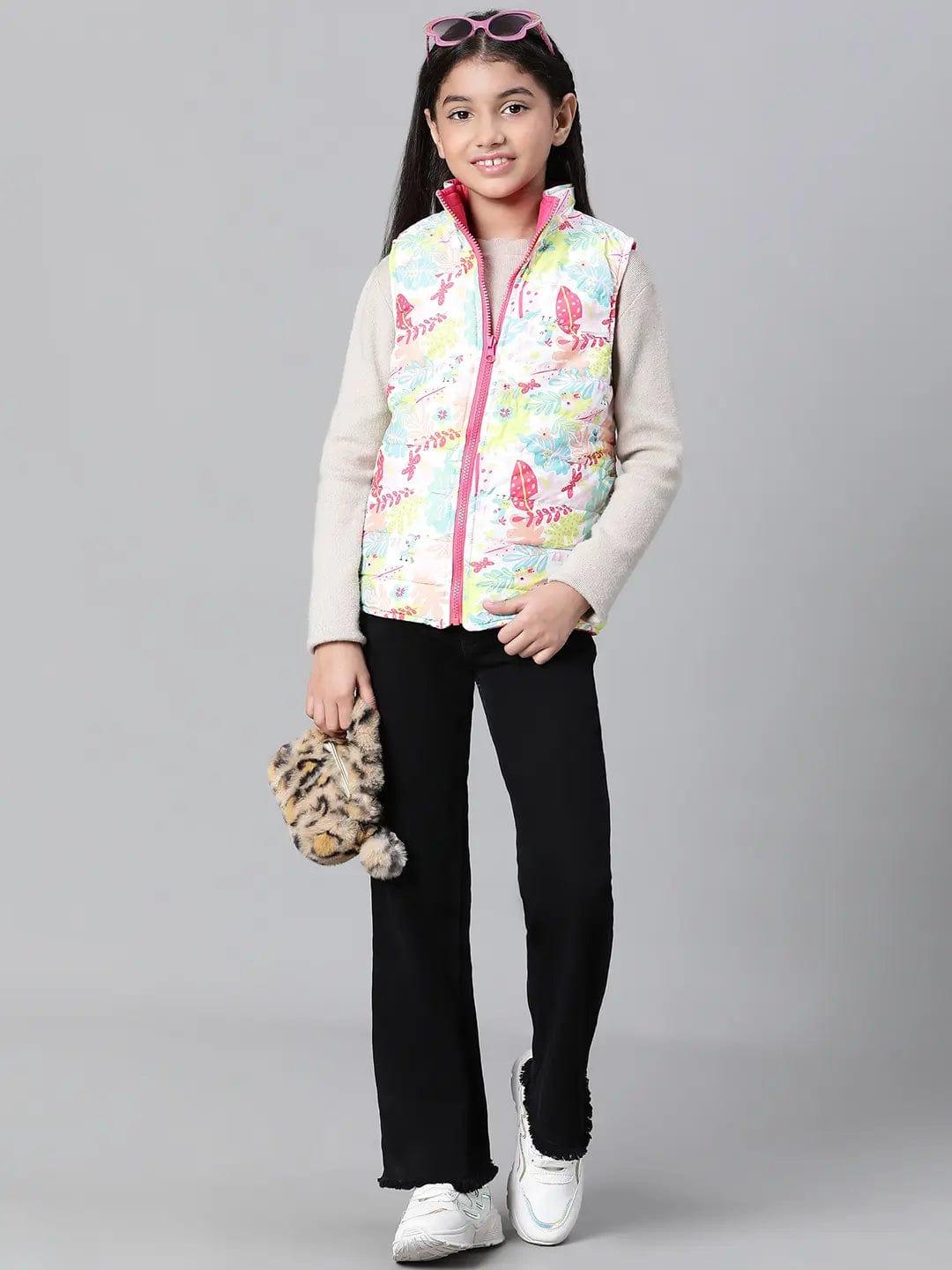 Glinting Multicolor Floral Print Zip Lined Sleeveless Reversible Quilted Girl Jacket