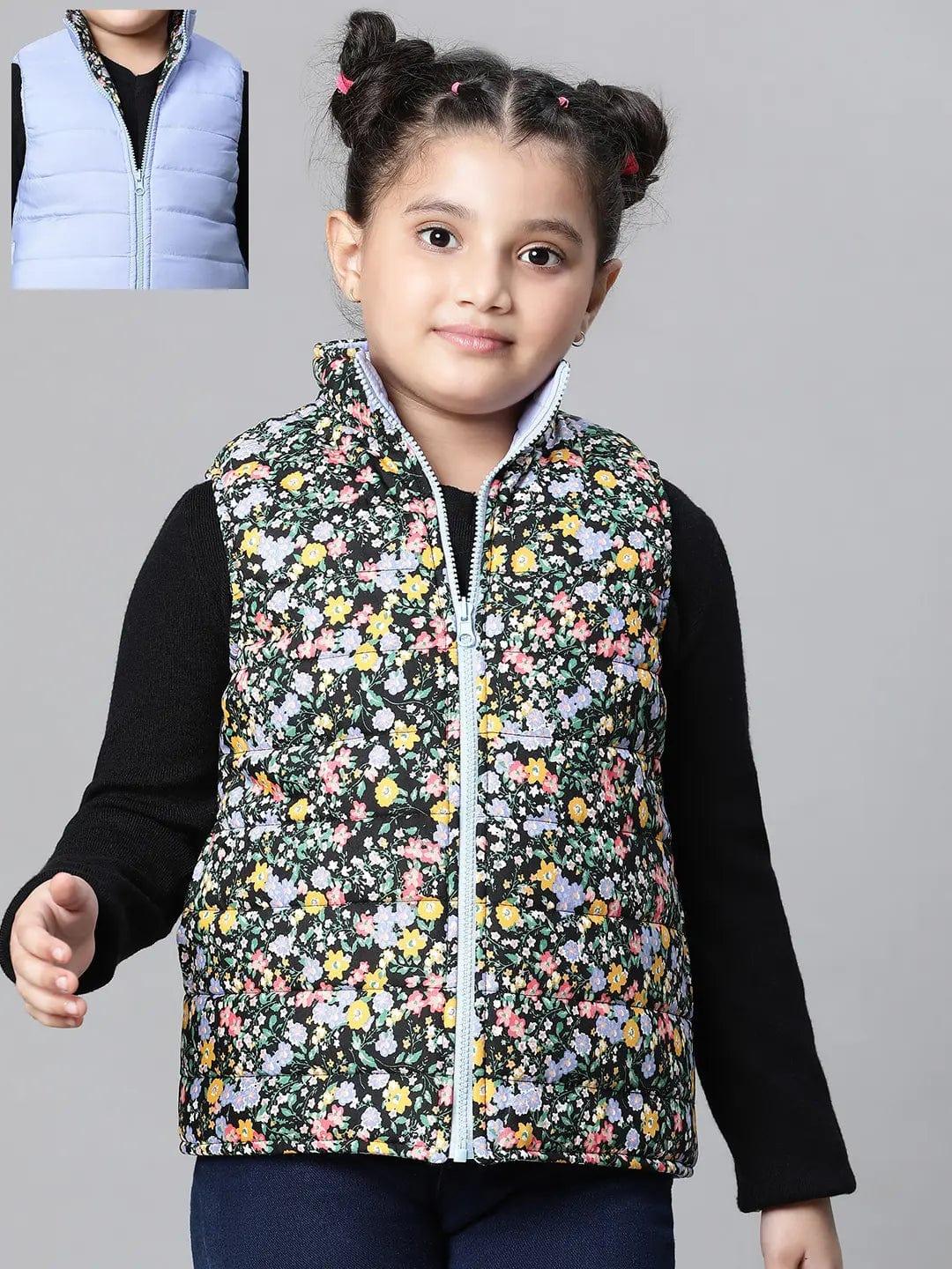 Kids Girl Floral Print Multicolor Zip Lined Sleeveless Reversible Quilted Jacket