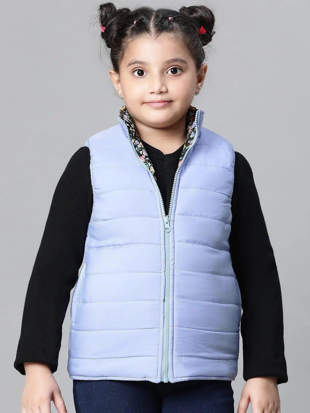 Kids Girl Floral Print Multicolor Zip Lined Sleeveless Reversible Quilted Jacket