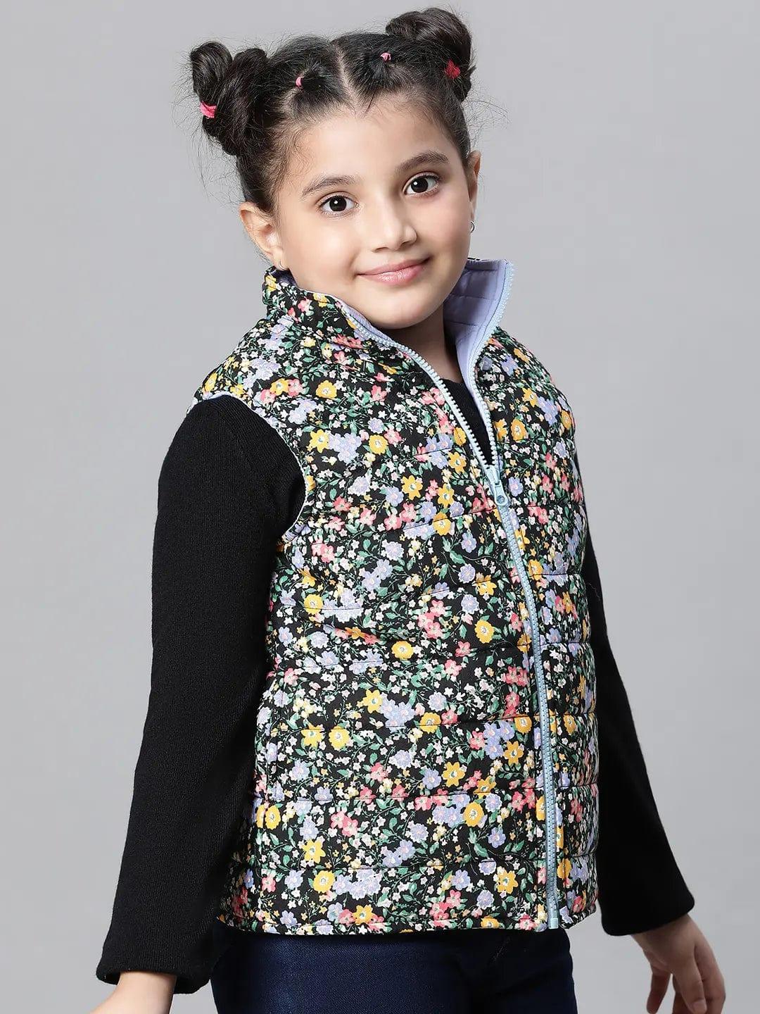 Kids Girl Floral Print Multicolor Zip Lined Sleeveless Reversible Quilted Jacket