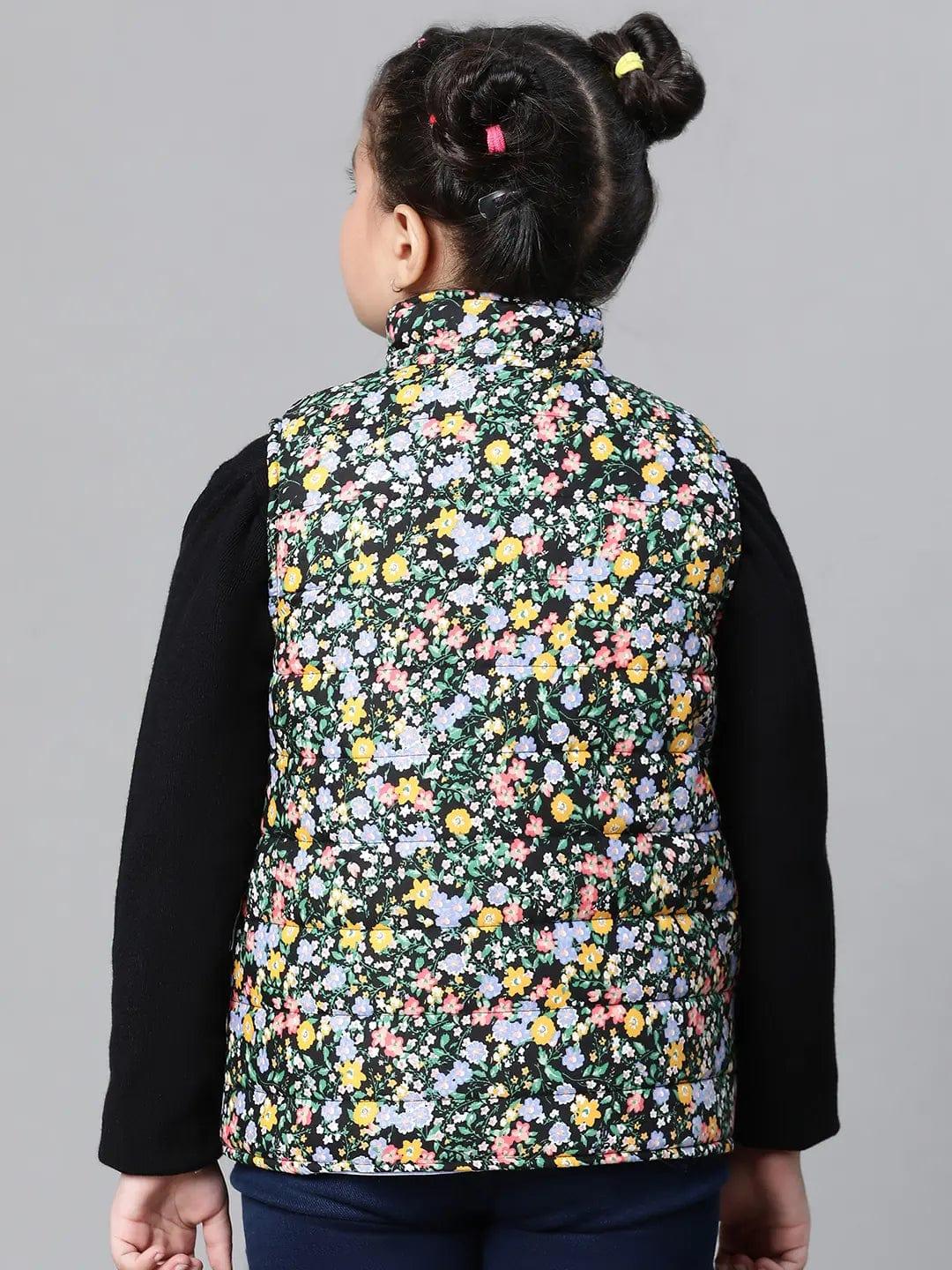 Kids Girl Floral Print Multicolor Zip Lined Sleeveless Reversible Quilted Jacket