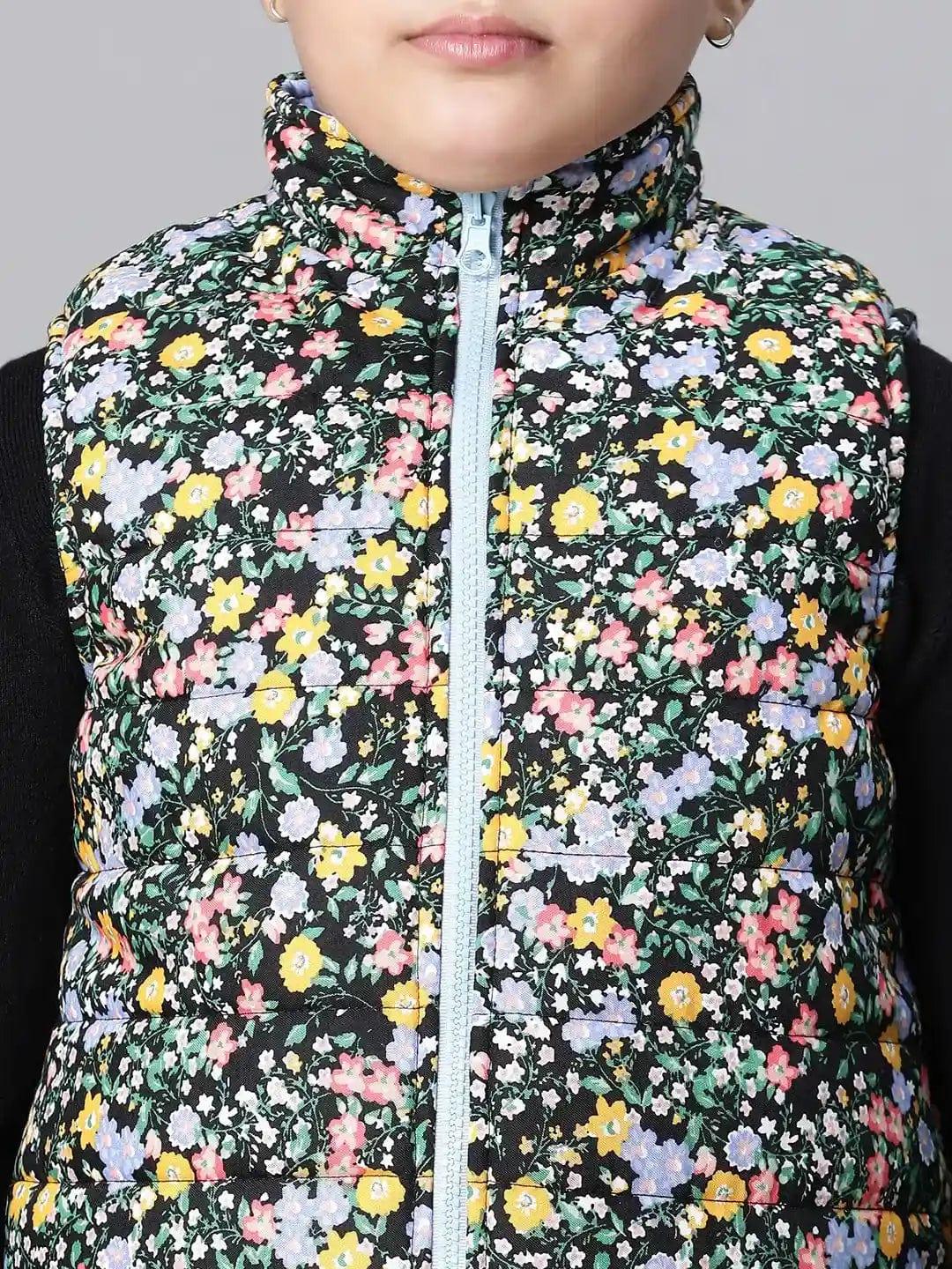 Kids Girl Floral Print Multicolor Zip Lined Sleeveless Reversible Quilted Jacket