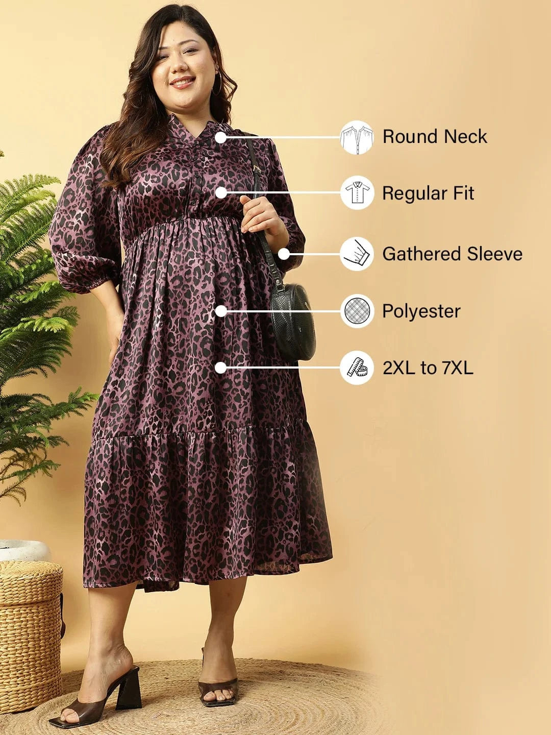 Fabulous Purple Animal satin Print  Long-Sleeve Elasticated Plus Size Women Dress