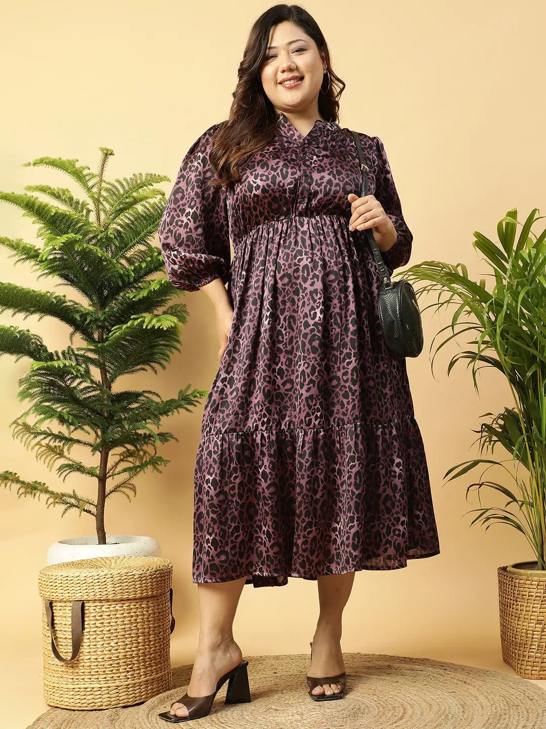 Fabulous Purple Animal satin Print  Long-Sleeve Elasticated Plus Size Women Dress