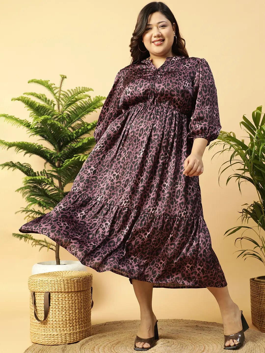 Fabulous Purple Animal satin Print  Long-Sleeve Elasticated Plus Size Women Dress