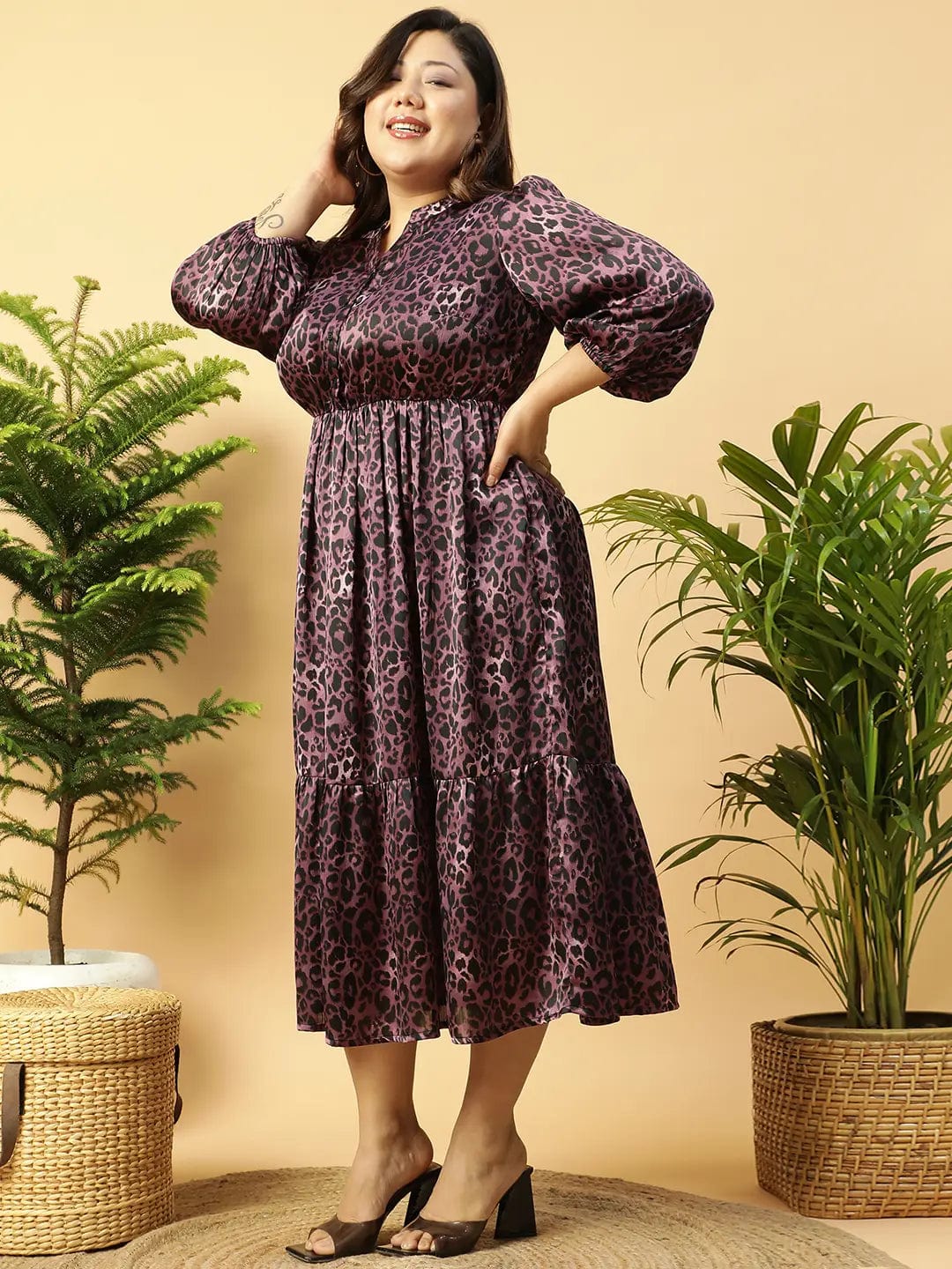 Fabulous Purple Animal satin Print  Long-Sleeve Elasticated Plus Size Women Dress