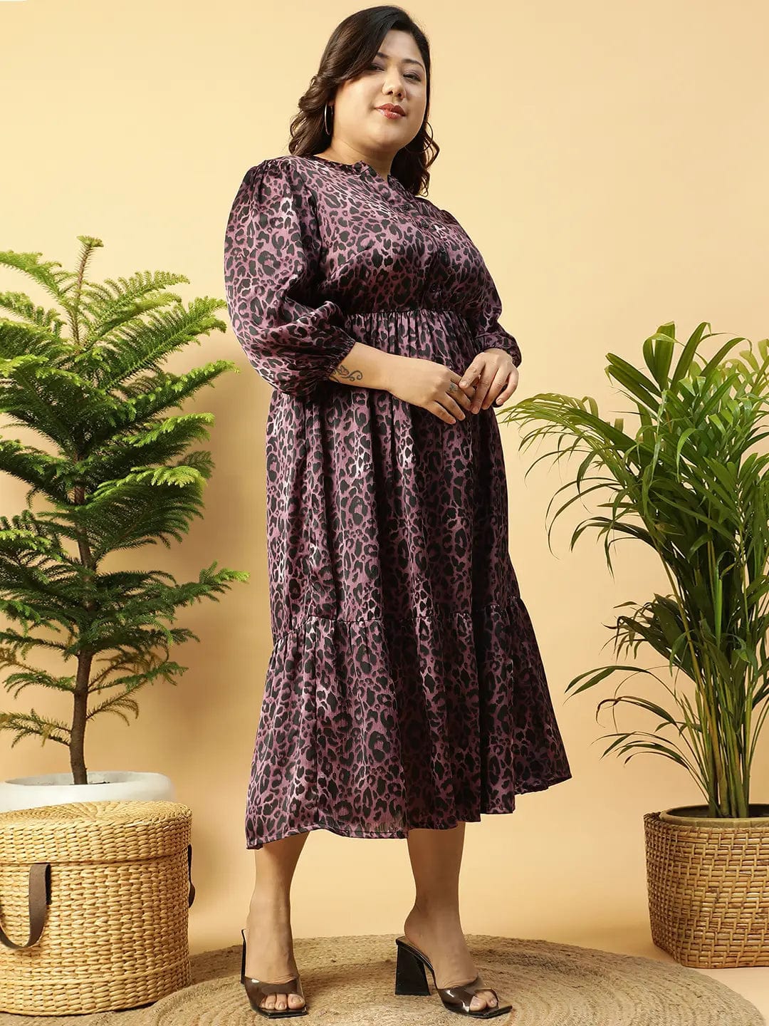 Fabulous Purple Animal satin Print  Long-Sleeve Elasticated Plus Size Women Dress