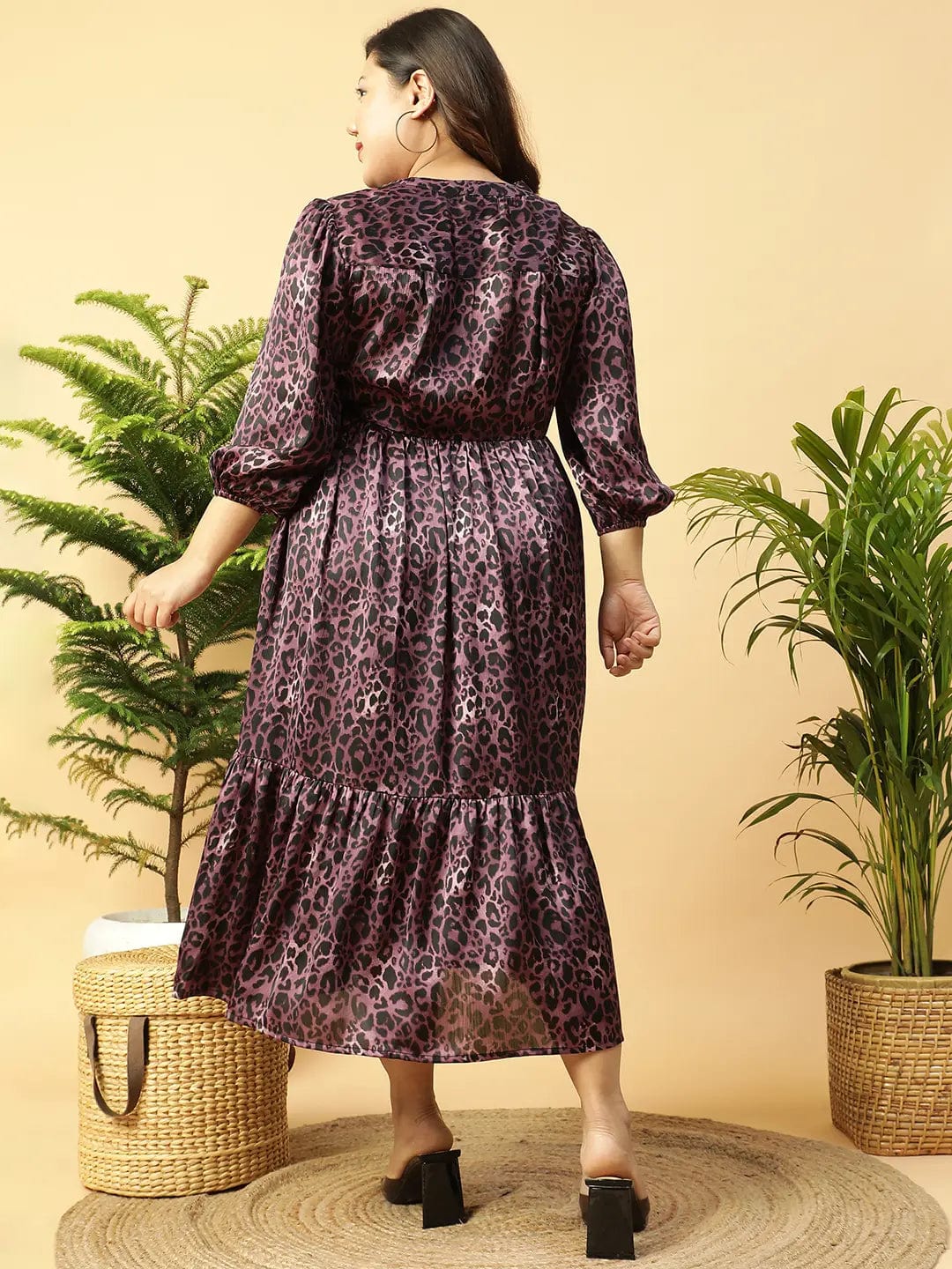 Fabulous Purple Animal satin Print  Long-Sleeve Elasticated Plus Size Women Dress