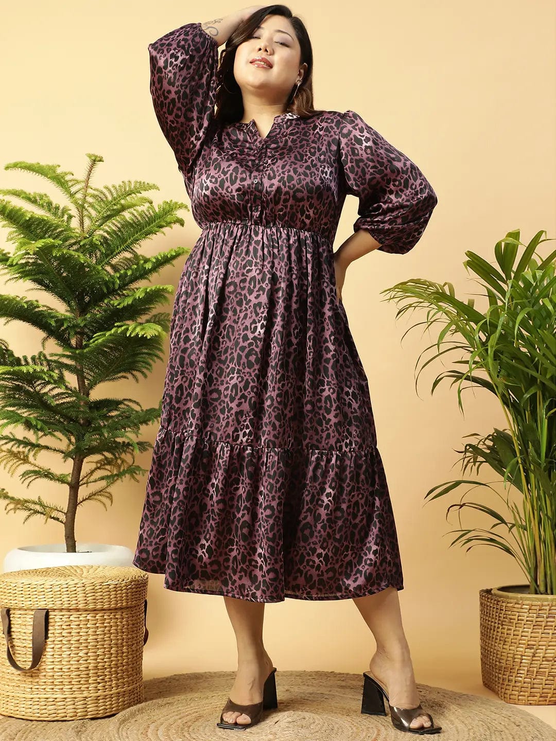 Fabulous Purple Animal satin Print  Long-Sleeve Elasticated Plus Size Women Dress