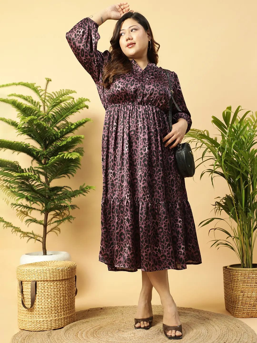 Fabulous Purple Animal satin Print  Long-Sleeve Elasticated Plus Size Women Dress