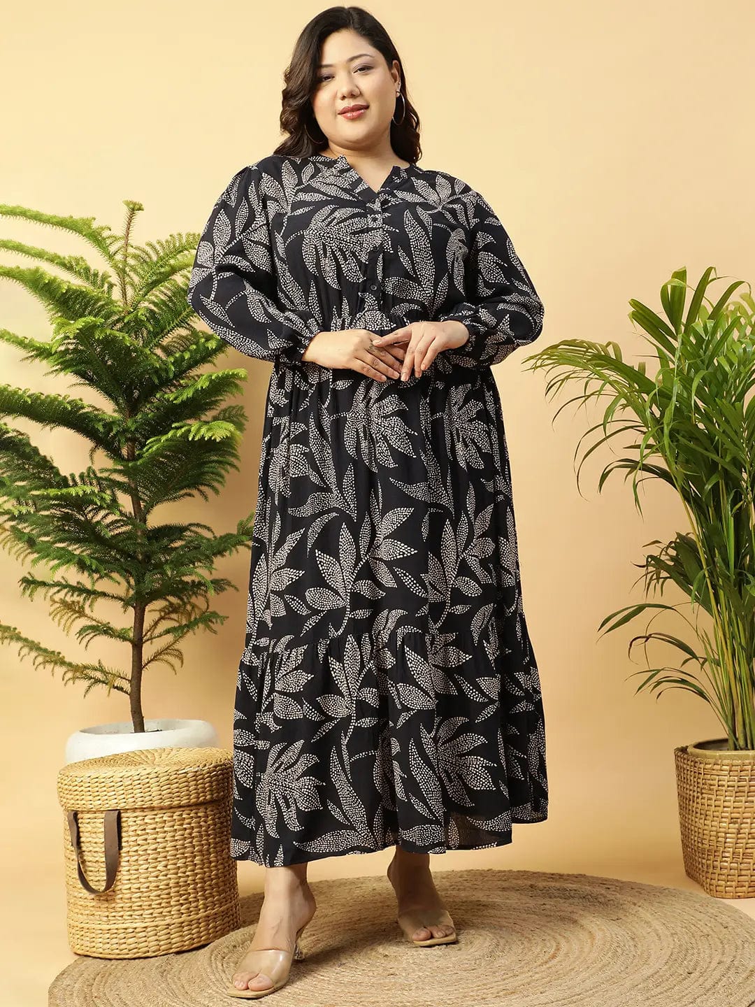 Flirty Black rayon Tropical Print  Long-Sleeve Elasticated Plus Size Women Dress