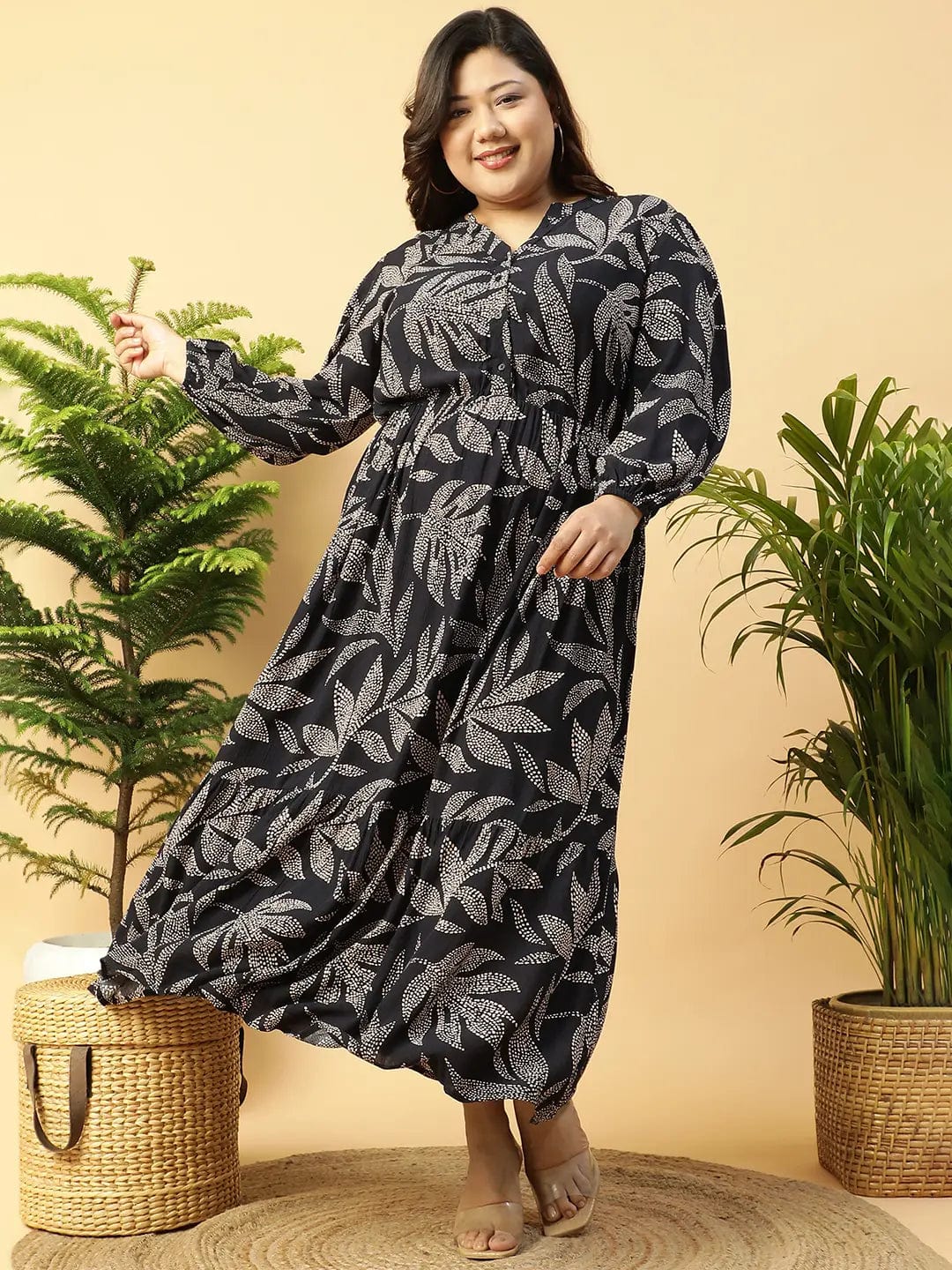 Flirty Black rayon Tropical Print  Long-Sleeve Elasticated Plus Size Women Dress